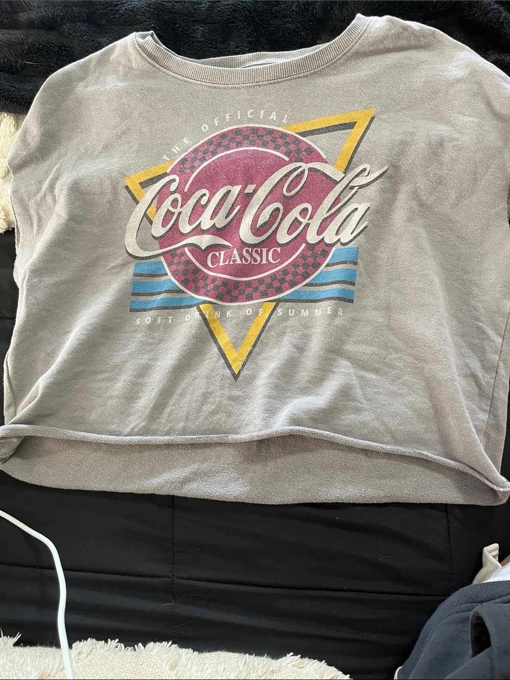 Coca-Cola Retro Logo Pullover in Light Gray with Pink, Yellow & Blue Accents